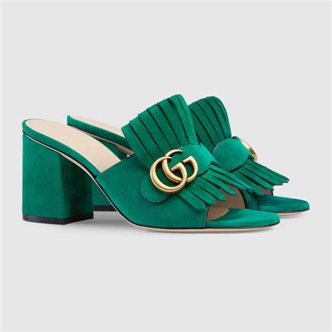 gucci suede mid heel slide green